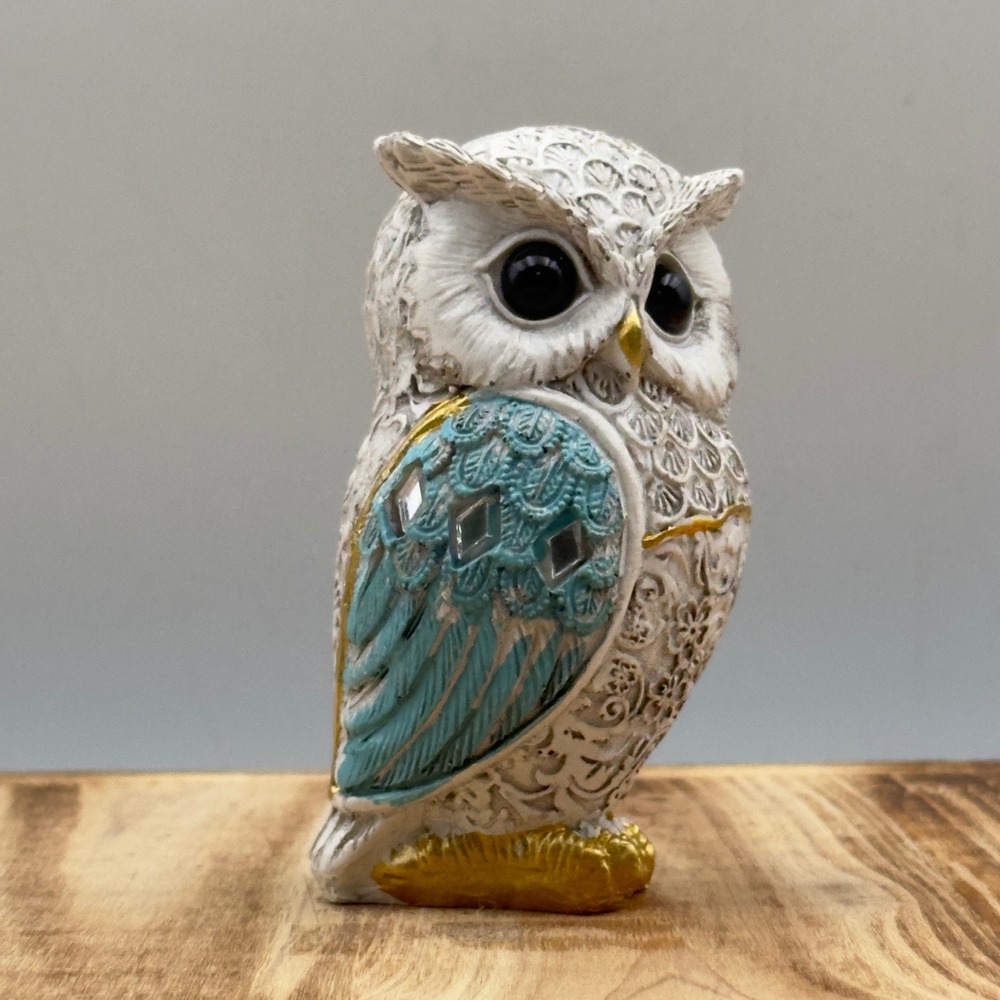 Owl Figurine White Blue Gold Mirror Inlay Floral Scrollwork Statue 3.5in Decor